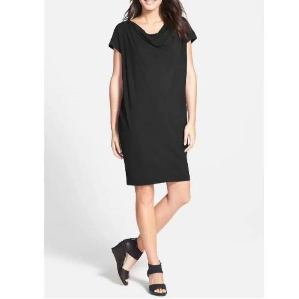 Eileen Fisher Women's Black Draped Front Shift Dress Size XLarge Minimalist